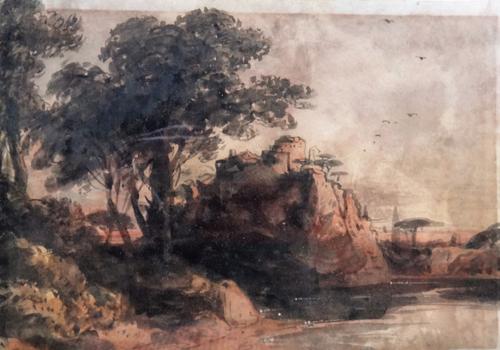 Attributed to John Varley (1778-1842), Rocky Coastal scene, watercolour, 11cm x 15.5cm.; together with a monochrome mountainous lake landscape by anot