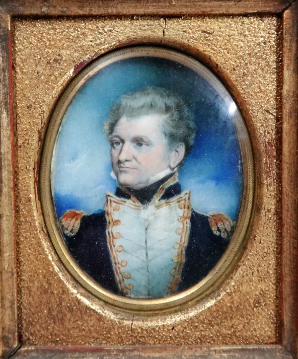 English School (19th century), Portrait miniature of a naval officer, watercolour on ivory, oval, 8.5cm x 6cm.