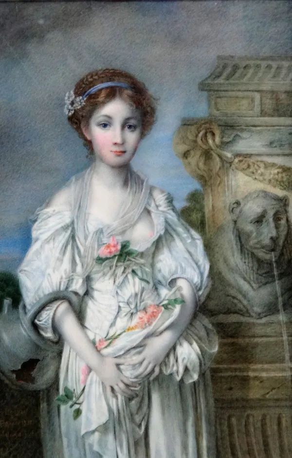 Charles Caruson, after Jean Baptiste Greuze, A young girl by a fountain, watercolour, signed and inscribed, 25cm x 16cm.