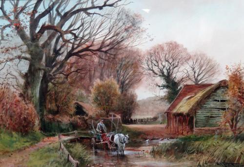 Henry Charles Fox (1855-1929), Crossing the Ford; The end of the day, two watercolours, both signed and dated, one 1915, one 1918, the larger 37cm x 5