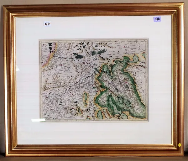 A map by Gerard Mercator:  (Zvrichgovv. et Basiliensis provincia), untitled, 36cm x 47cm within mount, hand-coloured, 'Milaire Helveticum commune', (D