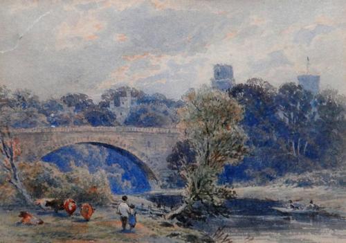 John Powell (19th century), River landscape with figures and cattle near a bridge, watercolour, 10cm x 14cm.; together with a further watercolour of a
