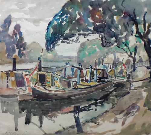Manner of Alfred Sisley (1839-1899), River scene with moored barges, watercolour and gouache, bears a signature, 27cm x 31cm.