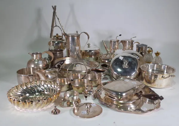 Assorted silver plated wares including; a melon shaped teapot, ten assorted trays and dishes, four plain circular covers and another, kettle on tripod