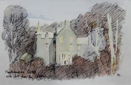 Sir Hugh Casson (1910-1999), three drawings- Hawthornden Castle; 'The little house where we began'; Chinese house at Stowe, pen ink and watercolour, a