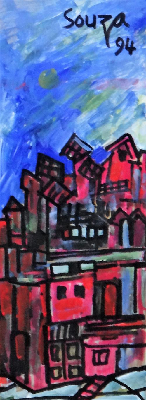 Follower of Francis Newton Souza, Townscape, gouache and mixed media, bears a signatureand date '94, 25cm x 10.5cm.