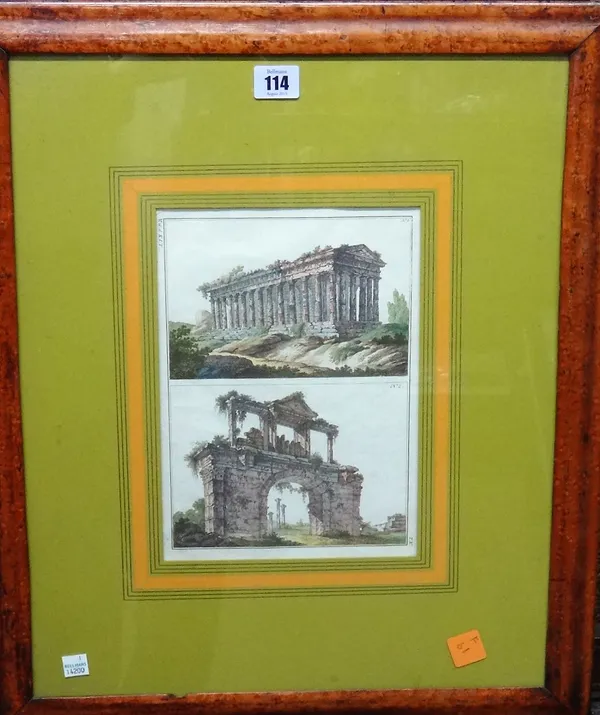 A group of assorted pictures and prints, including a hand coloured engraving of Classical ruins, a hand coloured engraving after Shortshanks 'Modern s