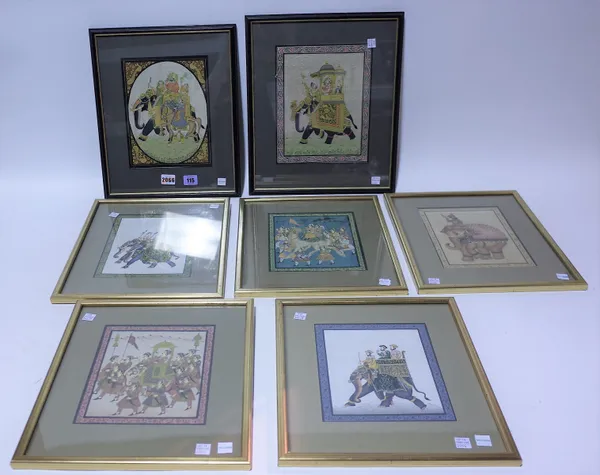 A group of seven Indian miniature paintings, 20th century, six featuring figures with elephants, one with figures and a camel, largest 22cm. by 17cm.,