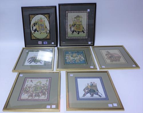 A group of seven Indian miniature paintings, 20th century, six featuring figures with elephants, one with figures and a camel, largest 22cm. by 17cm.,