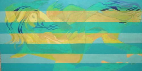 ** Spence (20th century), Nudes in Blue Green Yellow, three, oil on canvas, one signed and dated 1978, unframed, each 68cm x 131cm.(3)