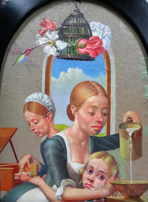 Simon Gales (late 20th century), Pouring the milk, oil on canvas, arched top, signed and dated 1992 on reverse, 21.5cm x 16cm.  DDS