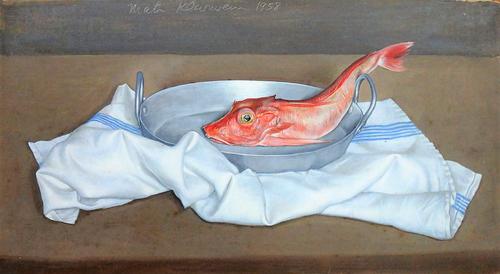 Mati Klarwein (b.1932), A fish in a skillet, oil on board, signed and dated 1958, 18.5cm x 36cm. DDS