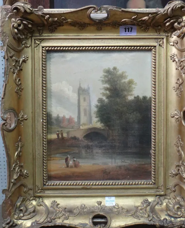 English School (19th century), Figures by a bridge, a church beyond, oil on board, 24cm x 19.5cm.; together with a further oil village scene by anothe