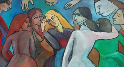 Follower of Francisco Bores, Figure group, oil on canvas, bears a signature and date, 59cm x 109cm.
