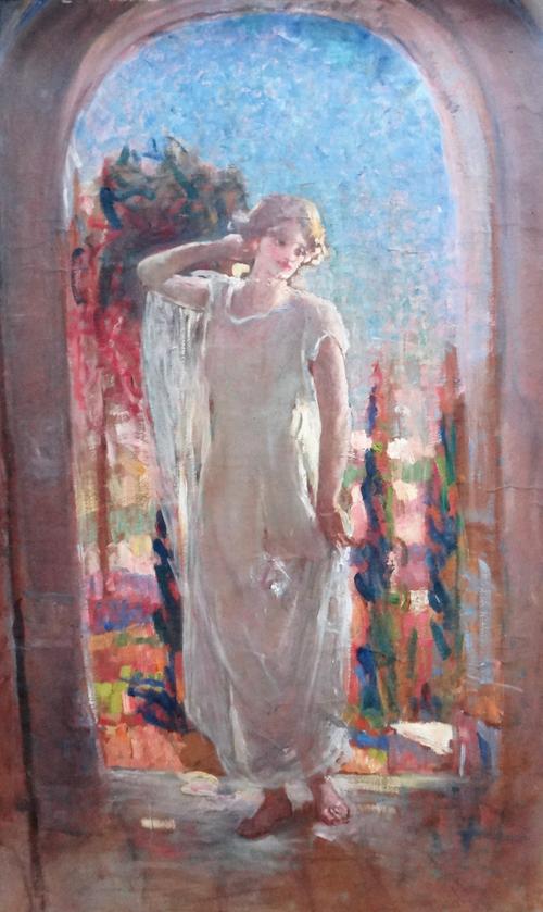 English School (early 20th century),  A Classical girl standing in an archway, oil on board, 100cm x 64.5cm.