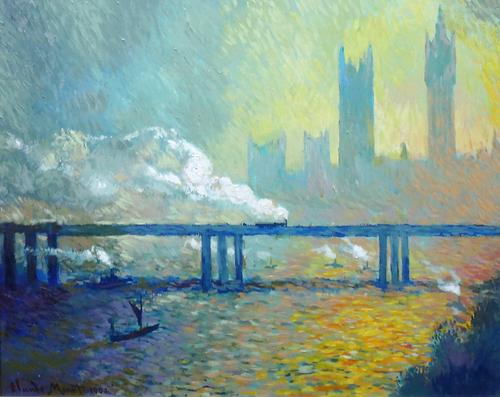 John Myatt, after Claude Monet, Charing Cross Bridge, oil on canvas, possibly over a printed base, bears a signature, signed and numbered 73/75 on rev