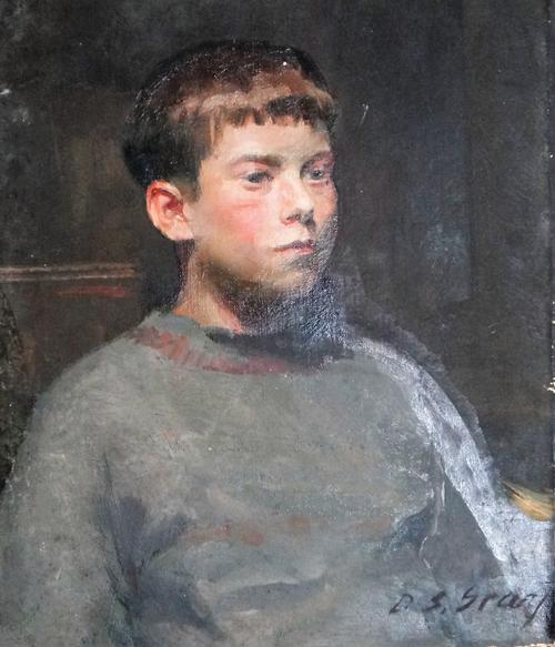 Douglas Stannus Gray (1890-1959), Portrait of a boy; Portrait of a young woman; Study of a kneeling woman, three, oil on canvas, one signed, unframed