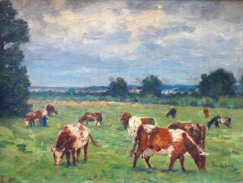 Follower of Paul Desire Trouillebert, Cattle grazing in a meadow, oil on canvas, bears a signature, 25cm x 33.5cm.
