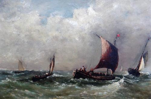 Follower of John Wilson Carmichael, Boats in a stiff breeze, oil on canvas, bears initials, 20.5cm x 31cm.