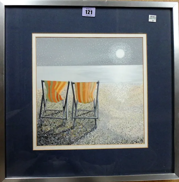 S. Fleischman (20th century), Deckchairs on the beach, gouache, signed with initials, 25cm x 25.5cm, together with a further gouache of a red landscap