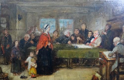 Follower of David Wilkie, Mother and children before the bench, oil sketch on board, 20cm x 31cm.