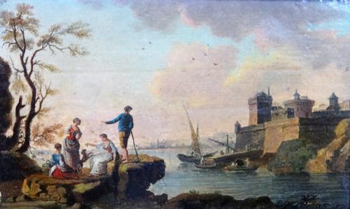 Manner of Carl Vernet, Figures on a rocky outcrop on the coast, oil on panel, possibly over a printed base, 7cm x 11.5cm.