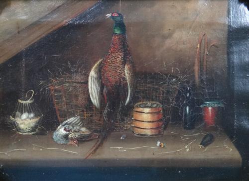 Circle of Stephen Elmer, Larder still lives, a pair, oil on canvas laid down, each 17cm x 22.5cm.(2)