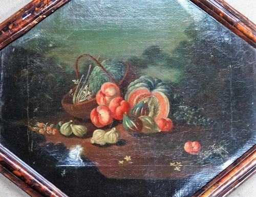 French School (early 19th century), Still life of fruit; Still life of fruit and poultry, a pair, oil on canvas, irregular octagons, each 36cm x 45cm.