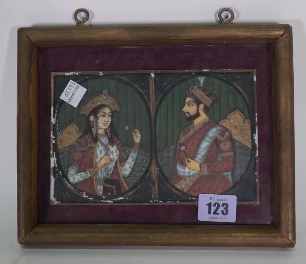 A pair of Indian miniature half length portraits of Empress Mumtaz Mahal and Emperor Sha Jahan, framed as one, 11cm. by 17cm., glazed and framed.