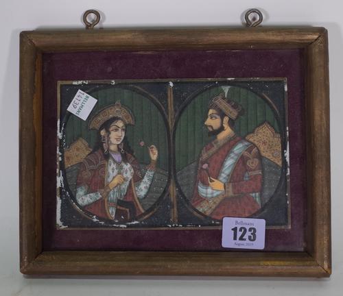 A pair of Indian miniature half length portraits of Empress Mumtaz Mahal and Emperor Sha Jahan, framed as one, 11cm. by 17cm., glazed and framed.
