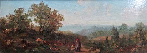 French School (early 19th century), Landscape, oil on panel, 7cm x 17.5cm.; together with a further oil of a woman on a country path.(2)