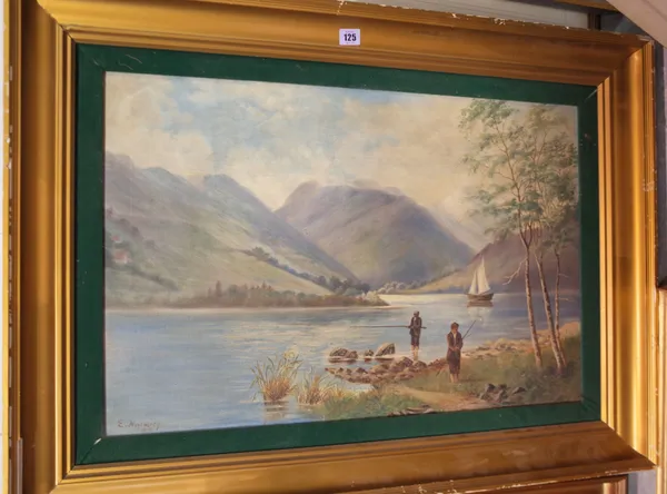 E. Wentworth (early 20th century), Figures fishing on the banks of a Highland loch, oil on canvas, signed and dated 1913, 50cm x 75cm.