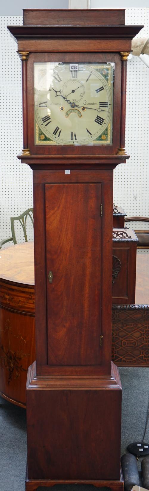 A Mahogany eight day longcase clock, 19th century, the painted squared dial detailed 'SUTTON STAUNTON' with date aperture and subsidiary seconds and o