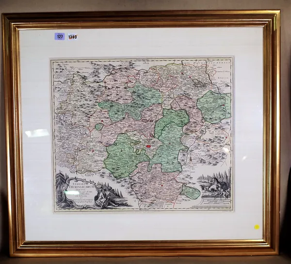 A map by Tobias Conrad LOTTER:  Terrarum Thuringicarum Tractus  . . .  49cm x 58cm within mount, hand-coloured, pictorial cartouche title and pictoria