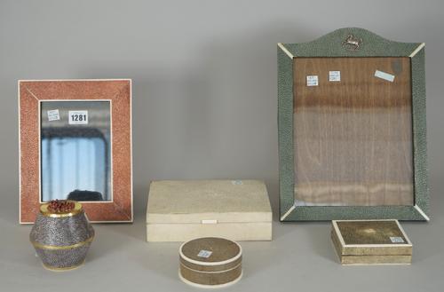 A collection of shagreen wares including; two strut back table mirrors, 32cm high, a cigarette box, a small squre box and cover, 10.5cm wide, a small