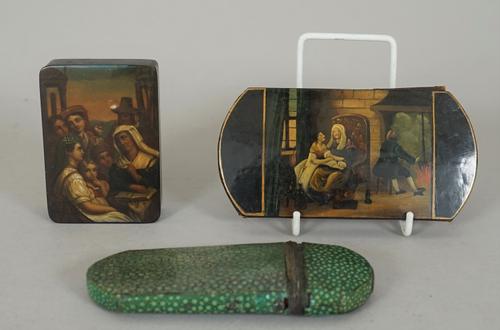 A Stobwasser lacquer box, 19th century, titled 'Le Legende' of rectangular form (9cm wide), a 19th century lacquered wallet, painted with an interior