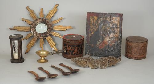 Treen collectables, including; a 19th century Russian Icon depicting Holy Mother and Child, 25cm x 20.5cm, four wooden spoons, a gilt wood carved wall