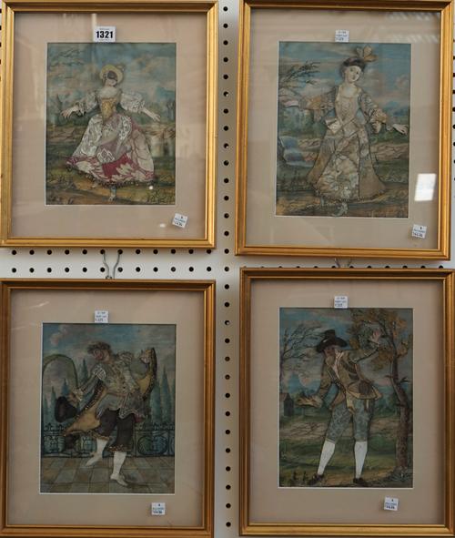 A set of four early 19th century Italian decoupage pictures of theatrical figures, set against a painted landscape, 25cm x 18cm, framed and glazed, (4