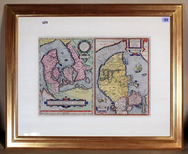 A map by Abraham ORTELIUS:  Daniae Regni Typus. Cornelius Antoniades Descripsit:  together with (on same sheet), Cimbricae Chersonesi nunc Ivtiae desc