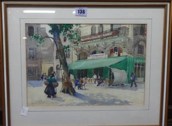 A group of three 20th century works, including a watercolour street scene, indistinctly signed, a pastel landscape in the manner of Gauguin, and a san