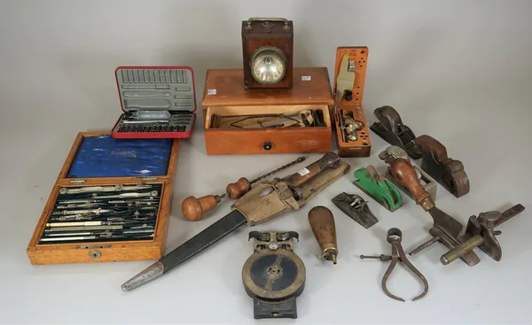 A quantity of collectables, including; a Preston bullnose plane, a French Virotype mobile typewriter, a Wilkinson Bayonet, a drawing set and sundry, (