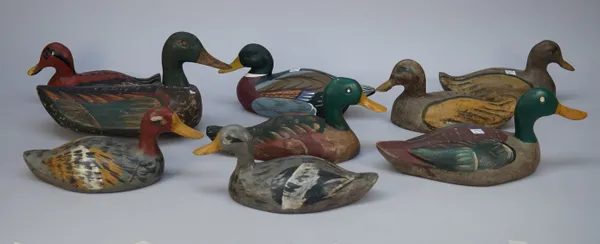 Thirteen modern polychrome painted wooden decoy ducks, the largest 33cm, (13).