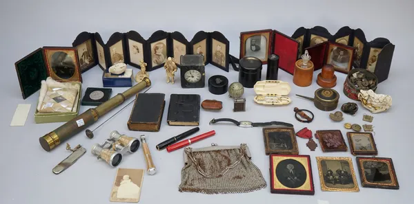 A quantity of collectables including; a Victorian ivory sewing etui, a Victorian mother-of-pearl and silver mounted visiting card case, a pair of moth