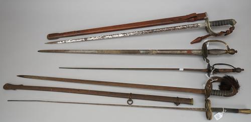 A Victorian Officer's sword by Rob Mole & Sons, Birmingham, with straight engraved steel blade, 82cm, another similar Officer's sword with indistinct