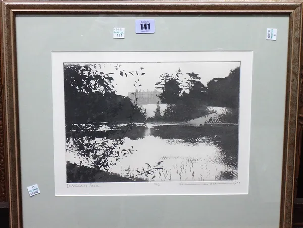 A group of three, including an aquatint of Ditchley park by Norman Ackroyd; an etching of Venetian doves by Christine Thoresby, and a French School ab