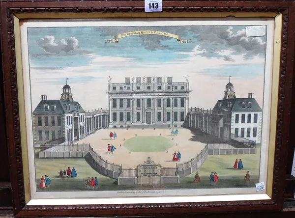 After Sutton Nicholls, Buckingham House & St James' Park, engraving with hand colouring, 34cm x 46.5cm.; together with a further hand coloured engravi