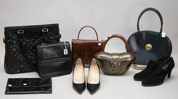 A collection of lady's handbags and shoes, comprising; a Sergio Rossi black leather evening bag with gold tone hardware; a Bally patent leather envelo