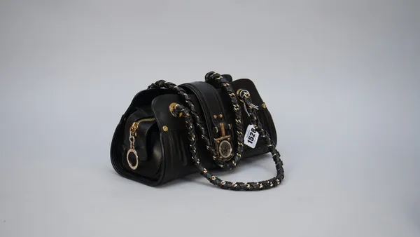 A Versace black leather shoulder bag, the two leather and chain handles supporting shaped rectangular bag, with angular quilted detailing and silver t