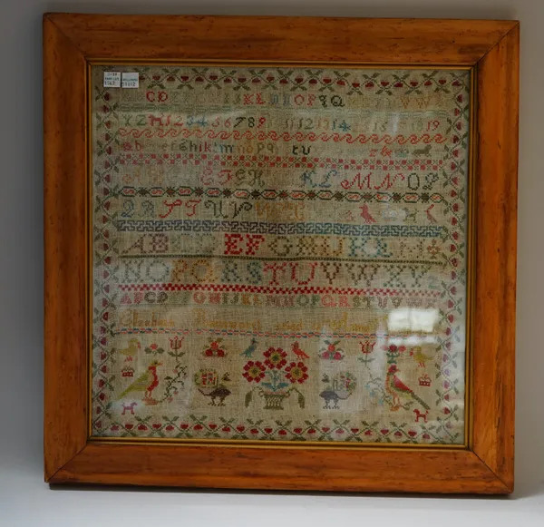 An alphabet sampler by Harraiett Pain, aged 9 years, July 8th 1846, a 'Multiplication Table' sampler by Ann McEwen and an alphabet sampler by Elizabet