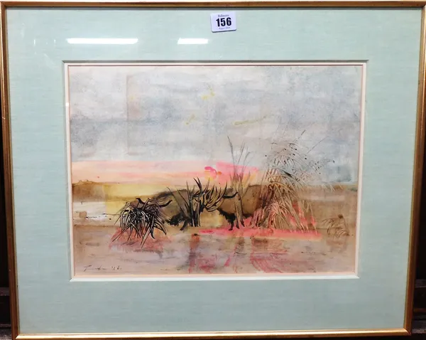 Rene M***** (20th century), Landscapes, three, watercolour and mixed media, indistinctly signed, each 26.5cm x 38cm.(3)